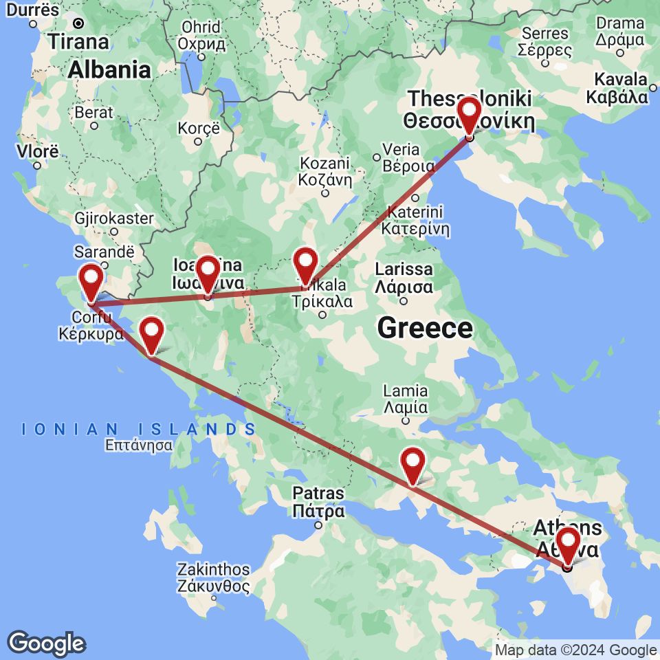 Route for Athens, Delphi, Parga, Corfu, Ioannina, Meteora, Thessaloniki tour